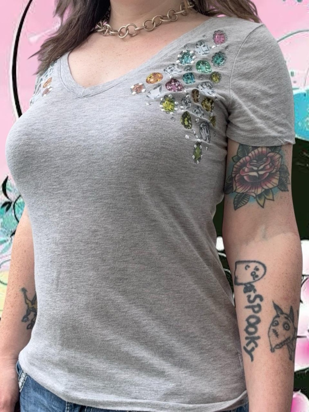 vtg y2k bling graphic gemstone fitted tee - aeropostale, sz md mcbling
